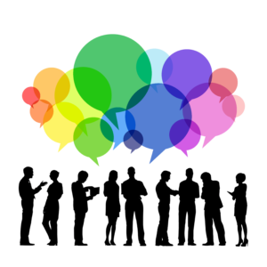 Group of people networking in-person